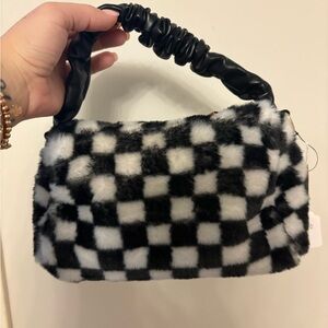 Faux Fur Checkered Shoulder Bag in Black & White